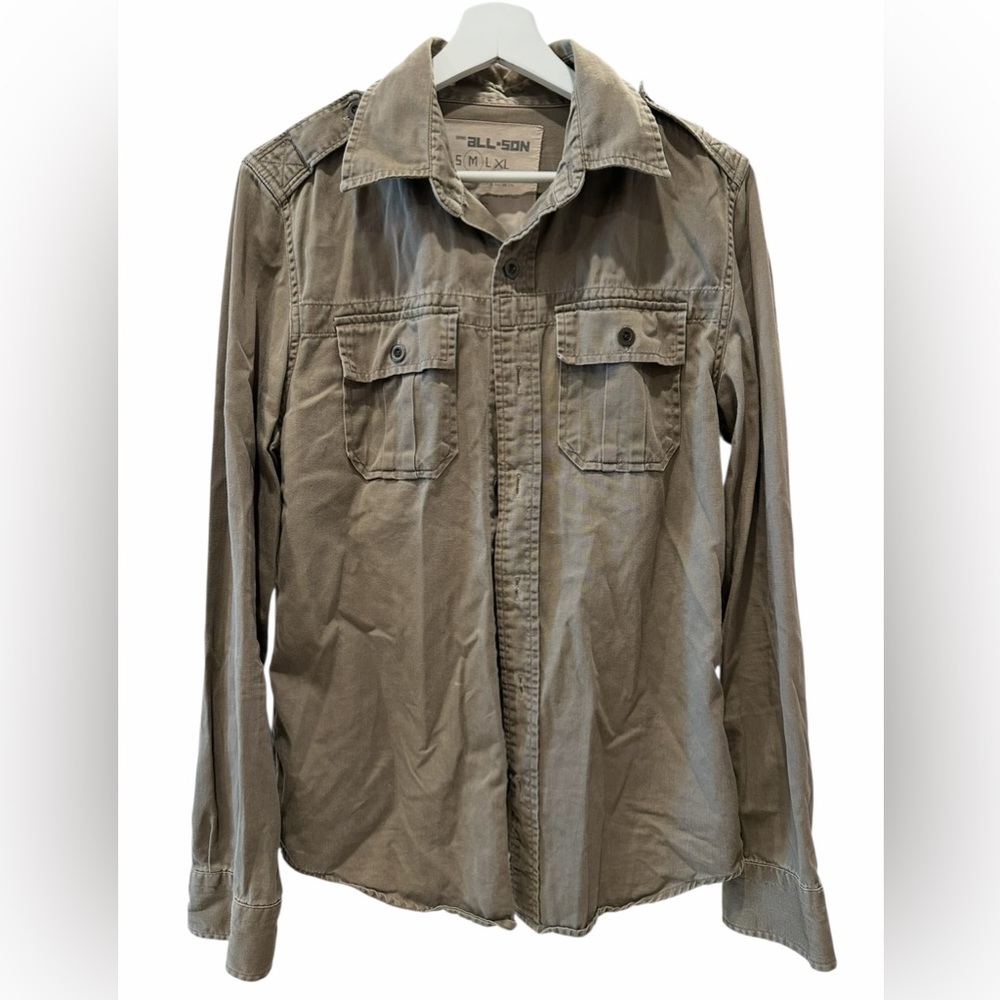 ALL-SON Utility Button-Down Shirt | Khaki Long Sleeve Casual Workwear Size M